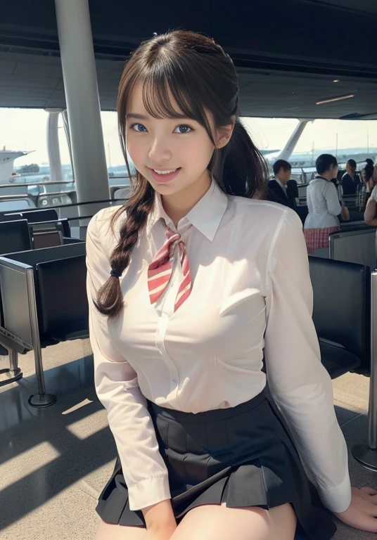 Very beautiful Japanese women、Age 25、Perfect beauty、Perfect Style、smile、detail、(((stewardess costume))), (((mini skirt))), (hi-res: 1.1)), (((At the concourse of the international airport))), (((Hair style: chignon))), looking at the camera、Cowboy Shot、smile、((Spread your legs out to the side))、((Perfect beauty)),Slim legs, Tightened ankle, Licking lips,((Perfect beauty)), ahegao, (((Not wearing panties))), ((Milk is spilling out of the mouth)), Camel Toe, 