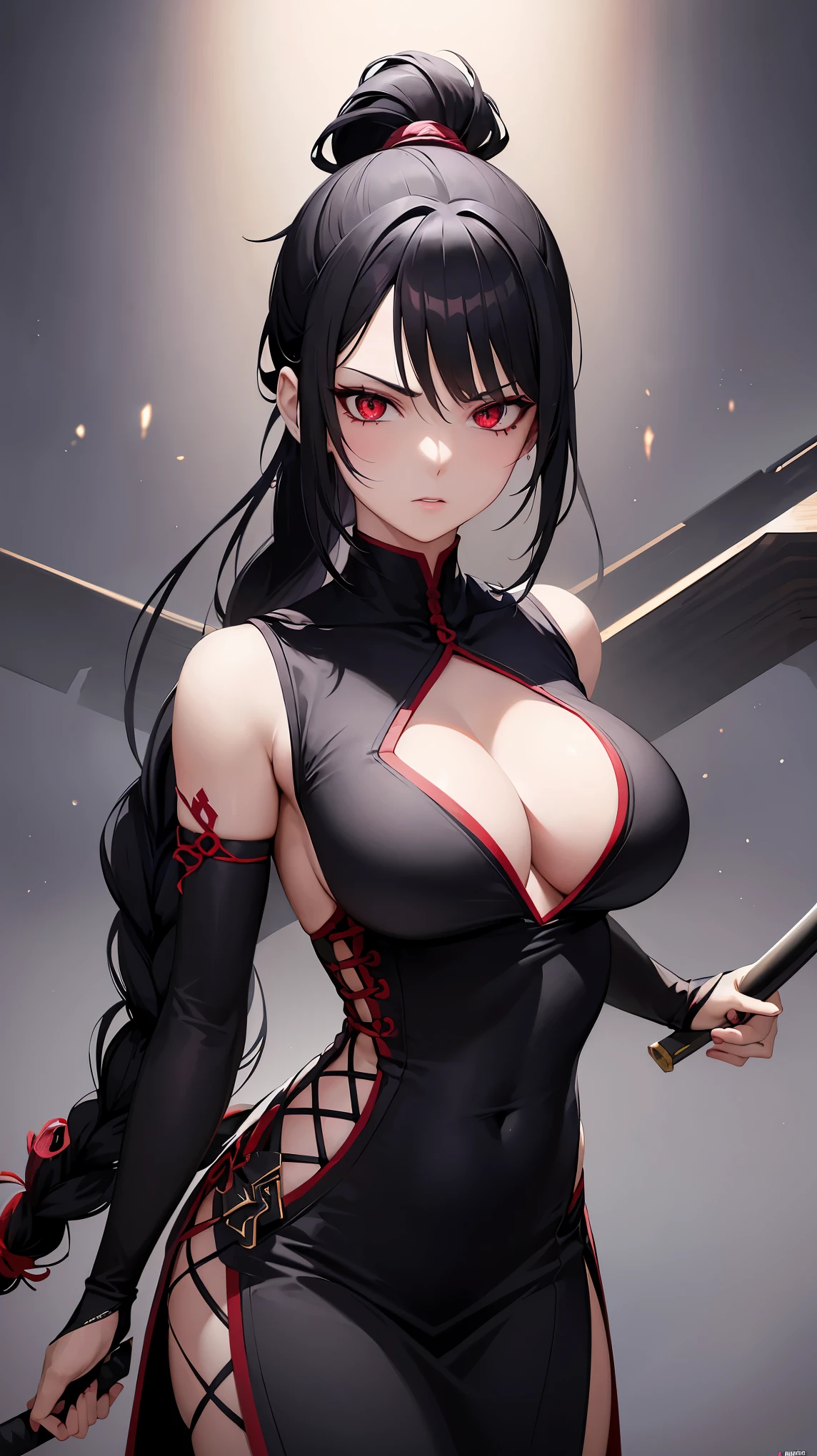 Woman1,triangle face,red eyes,black hair,braided ponytail hairstyle,Legendary hero, legendary assassin, tight black dress, Japanese sword, ninja stars,Very details CG, module, 8K wallpapers, top quality, high precision, beautiful lighting, realistic shade, high precision, detailed skin, very detailed, faces and detailed eyes, realistic eyes, cowboy shot