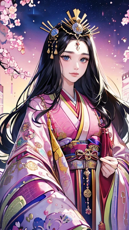 (Highest quality、 8k 、masterpiece、High resolution)、Heian period、A beautiful young woman from the nobility、、(Straight hair、Long, beautiful black hair)，(Beautiful Face、Beautiful eyes、A neat nose、Pretty lips)、A friendly gaze、Faint smile、(Silver、gem、Ivory hairpin、Headdress)、(12 Single layer kimono、Mainly light pink　Many colors　Vibrant colors　The beauty of layered colors)，背景はHeian periodの建物、Official Art、Detailed CG、