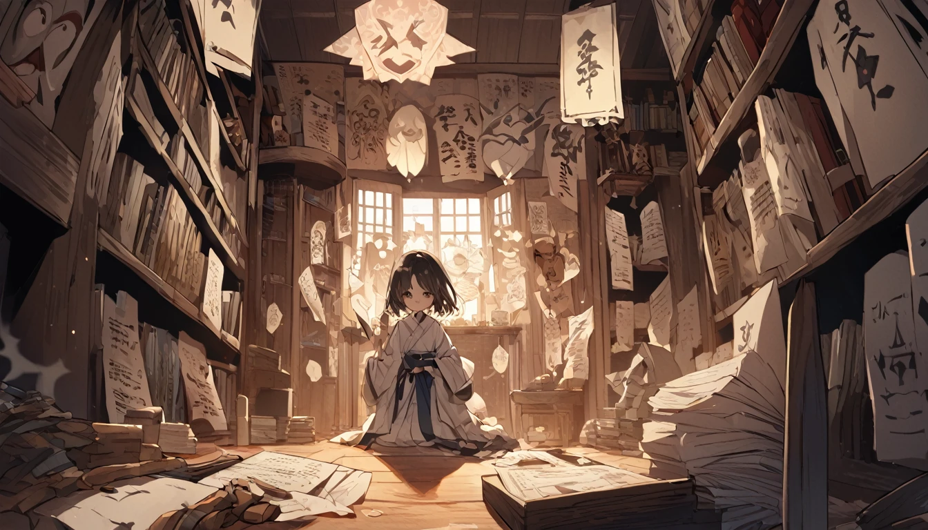 A scene in the dark where Abe no Seimei is controlling a paper doll Shikigami、There is a spiritual aura、In the background, a shelf lined with Onmyodo tools、Scrolls and spells are neatly arranged