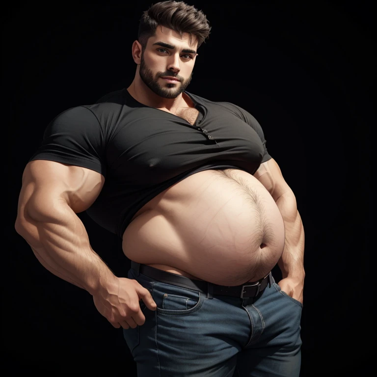 a very handsome young man wearing a black shirt, with a massively large and extremely huge belly, on a black background