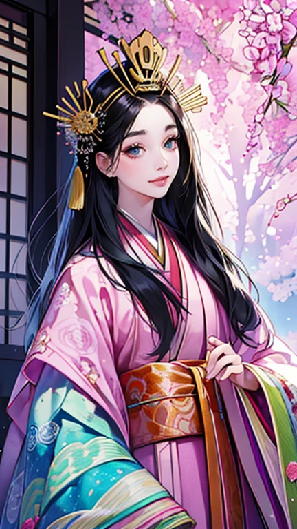 (Highest quality、 8k 、masterpiece、High resolution)、Heian period、A beautiful young woman from the nobility、、(Straight hair、Long, beautiful black hair),(Beautiful Face、Beautiful eyes、A neat nose、Pretty lips)、A friendly gaze、Faint smile、(Silver、gem、Ivory hairpin、Headdress)、(12 Single layer kimono、Mainly light pink Many colors Vibrant colors The beauty of layered colors),背景はHeian periodの建物、Official Art、Detailed CG、