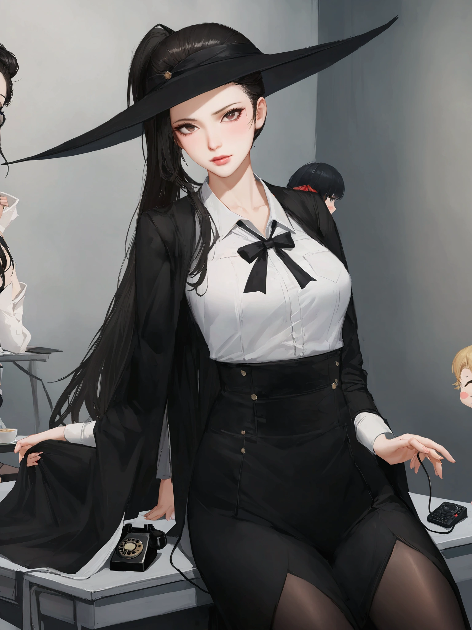 (ponytail forehead hair pulled back:1.3),( black hair:1.3) anime girl in a witch hat sitting on a desk with a telephone, anya from spy x family, professor clothes, from girls frontline, (sfw) safe for work, marin kitagawa fanart, marisa kirisame, realistic , as an anime character, seductive anime girl, flirty anime witch casting magic, anime girl wearing a black dress, fine details. girls frontline, from girls frontline, fine details. girls frontline universe, girls frontline style, girls frontline cg, female protagonist 👀
