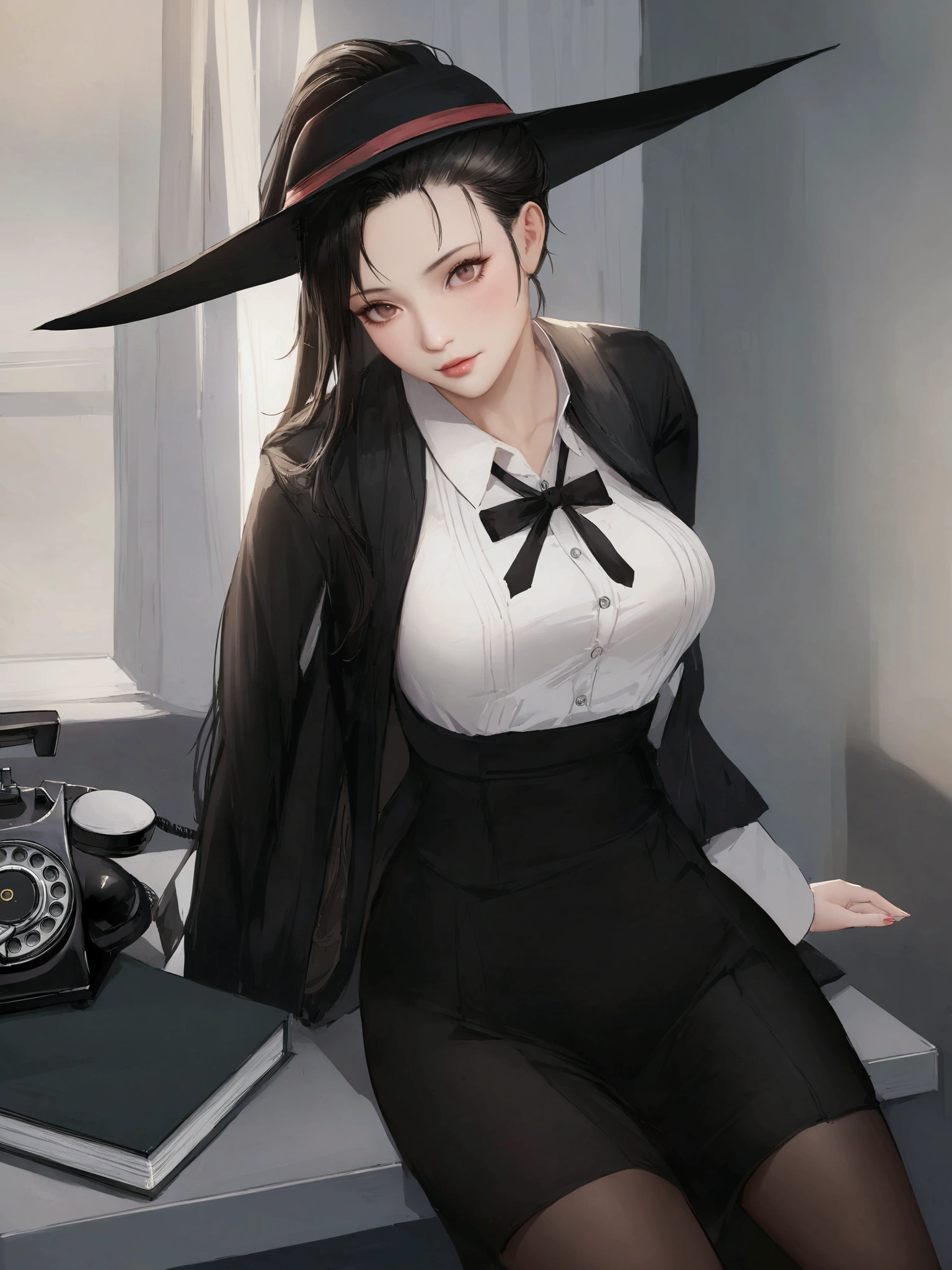 (ponytail forehead hair pulled back:1.3),( black hair:1.3) anime girl in a witch hat sitting on a desk with a telephone, anya from spy x family, professor clothes, from girls frontline, (sfw) safe for work, marin kitagawa fanart, marisa kirisame, realistic , as an anime character, seductive anime girl, flirty anime witch casting magic, anime girl wearing a black dress, fine details. girls frontline, from girls frontline, fine details. girls frontline universe, girls frontline style, girls frontline cg, female protagonist 👀