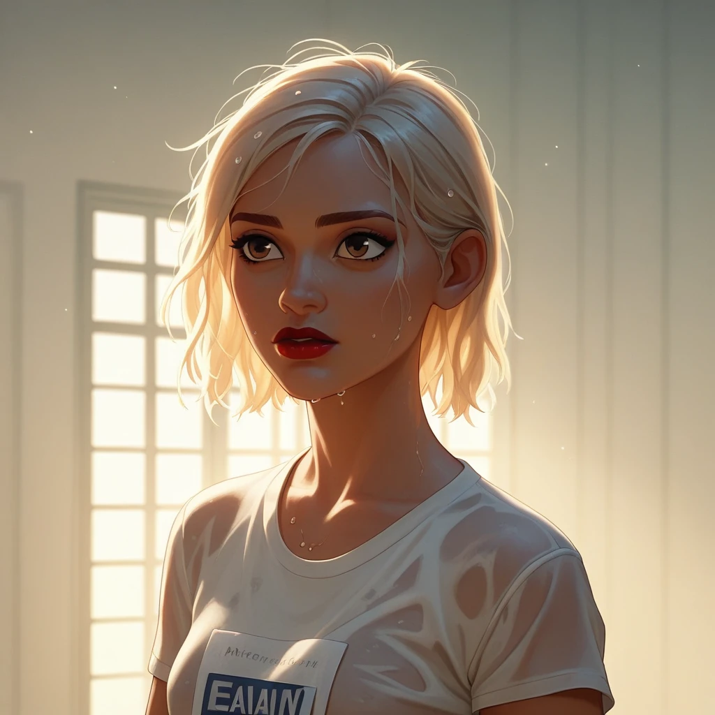 ((Modern Airport, See Airplanes)), It's a nice atmosphere, Adult female, Trunk Case ,Perfect Face, Melancholic expression, (Backlight: 1.1), A scene from a movie, Soft Shadows, masterpiece, Highest quality, Complex, Model shooting style, Vintage, Film Grain, Wet hair wide shot、Red lipstick