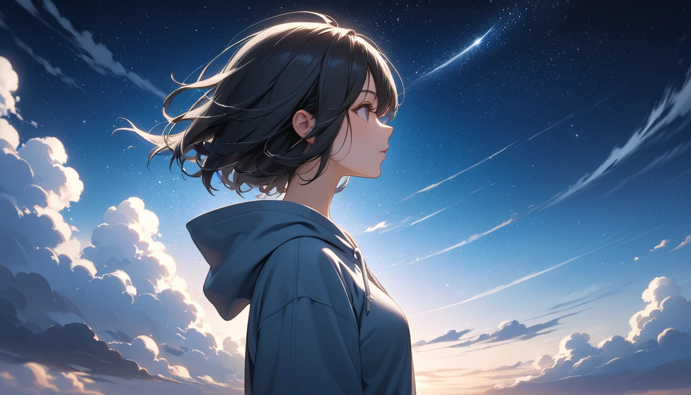 Starry Sky、One woman、Black Hair、Short Hair、Hair blowing in the wind、profile、Wearing a hoodie、Back view、Full body portrait