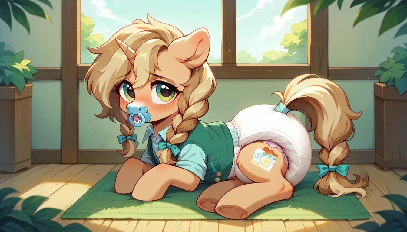 pony, light caramel unicorn, adult filly, lush mane braided, bushy tail, sitting in the room on a soft play mat, dressed in a vest and booties, pacifier in mouth, solo, thick diaper under clothes.