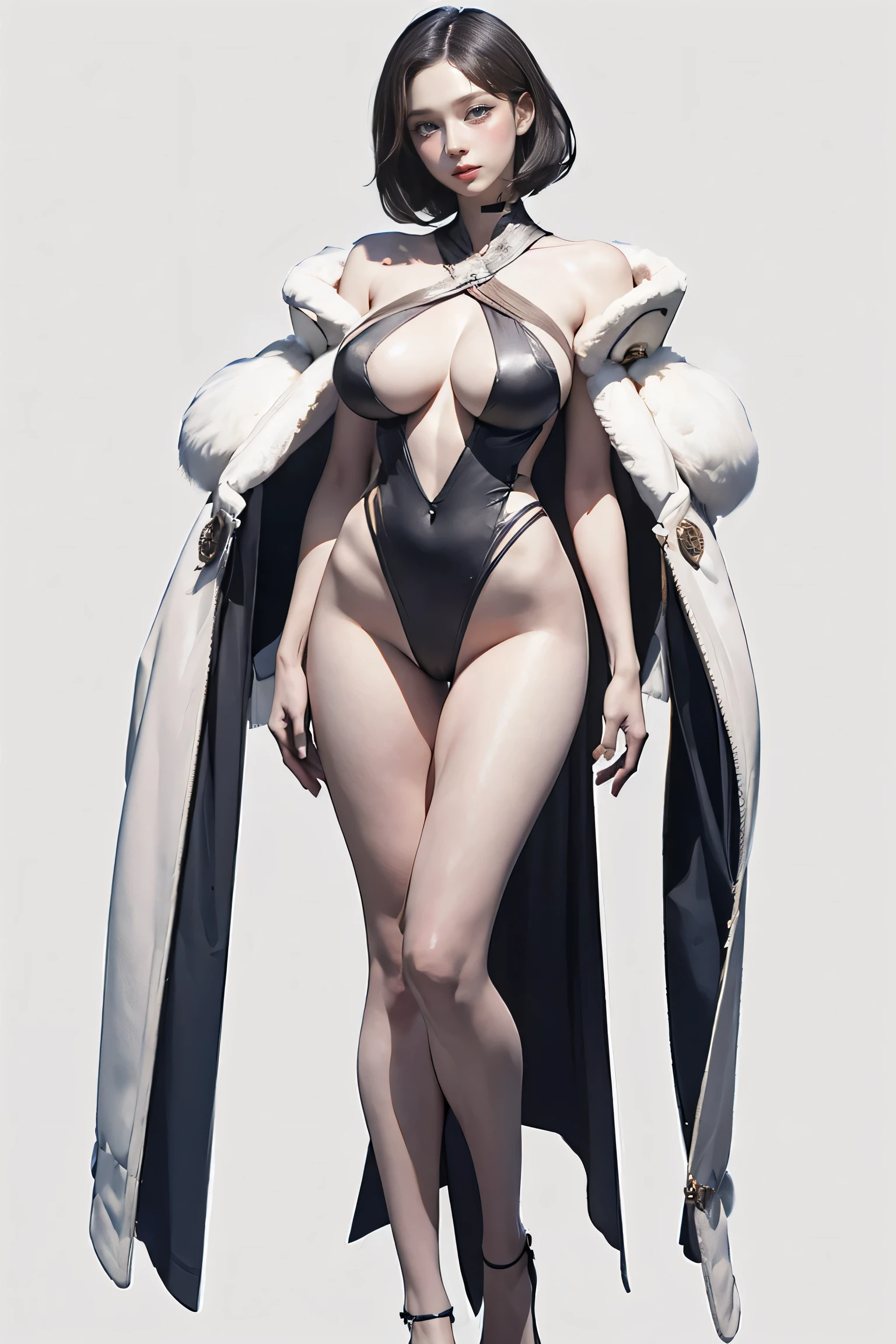 Masters of Animation, A perfect masterpiece, On a snow-white background、Cool outfits, Sexy and modern clothing、Sexy mature modern woman standing, Black Bob, Full Body Stand Posture, Thin legs, ((Large Breasts)), Detailed facial details, Natural and beautiful standing posture, Crisp and realistic body detail,(NSFW:0.8)