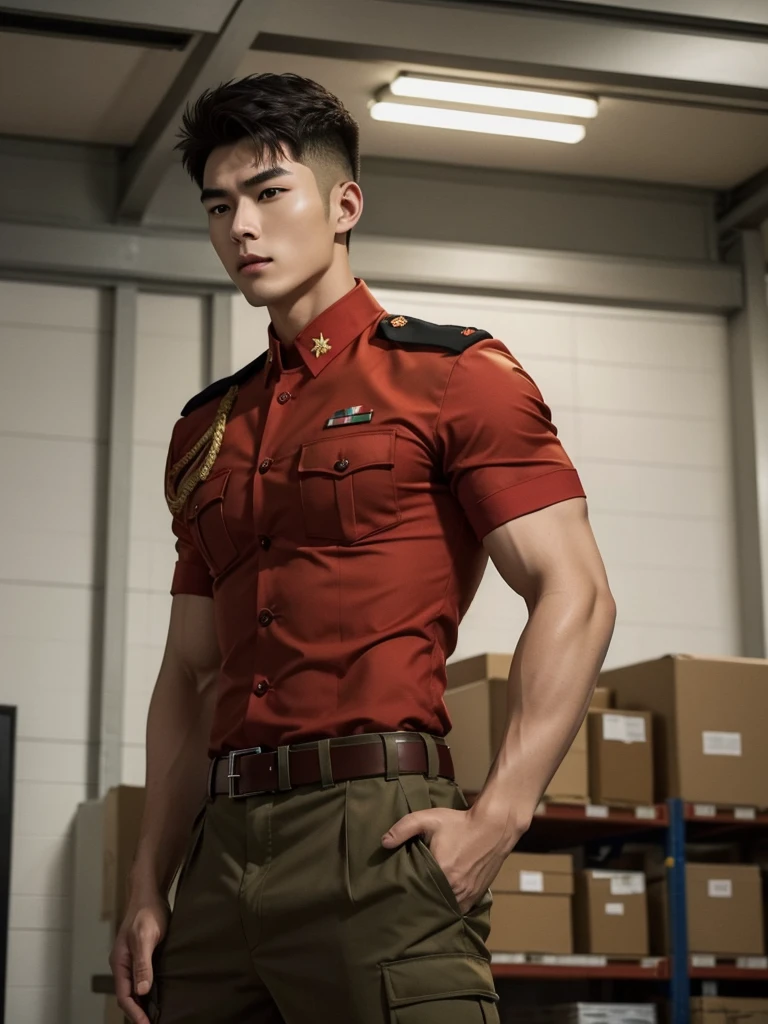 1 Handsome chinese slim guy, 20 years old, Hair combed smoothly, handsome red soldier,Wearing a red camouflage shirt,wearing red military uniform, rugged red soldier, Wear red pattern camouflage clothing, majestic,Who is Shi Yu?, Li Yuanbin, Kim Hyung Tae, Kim Hyung Tae, Yin Shishan, Handsome Chinese muscular guy,Broad shoulders and narrow waist,A handsome man wearing a red camouflage military uniform and a belt,Form-fitting fabric contours the bust,in a remote warehouse,hands tied behind back,Hands tied behind the back,hands tied behind back,Masculine and sexy,High,Muscles look good,hairy body,Wheat complexion,black eyes(thin eyes 1:3),whole body image