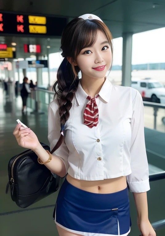Very beautiful Japanese women、Age 25、Perfect beauty、Perfect Style、smile、detail、(((stewardess costume))), (((mini skirt))), (hi-res: 1.1)), (((At the concourse of the international airport))), (((Hair style: chignon))), looking at the camera、Cowboy Shot、smile, Slim legs, Tightened ankle, Licking lips,((Perfect beauty)), ahegao, ((Milk is spilling out of the mouth)), Camel Toe,