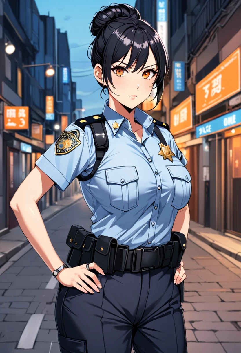 1girl, police uniform, utility belt, black trousers, light blue buttoned shirt, badge, nameplate, black hair, short sleeves, orange eyes, hair tied onto one bun, wearing silver ring, night streets, hands on hips, large breasts, beautiful, attractive, serious expression, looking at viewer.```