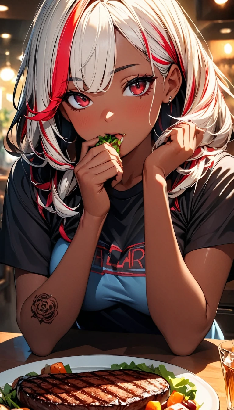 (highest quality:1.2, Very detailed, up to date, Vibrant, Ultra-high resolution, High Contrast, masterpiece:1.2, highest quality, Best aesthetics), Portraiture、girl、singer, solo, ((25-years-old:1)), Bright colors, Beautiful fine details、Beautiful lip detail、medium wave hair、red and white ((streaked hair:1.6)), highlights hair: 1.5, red eyes, slim body, medium , (tan skin:1.1), (Floral Fineline tattoo design on left arm:1), t-shirts, eating thick steak, siting in table, (holding knife and folk:1), steak dinner, salad, steak house, (upper body),