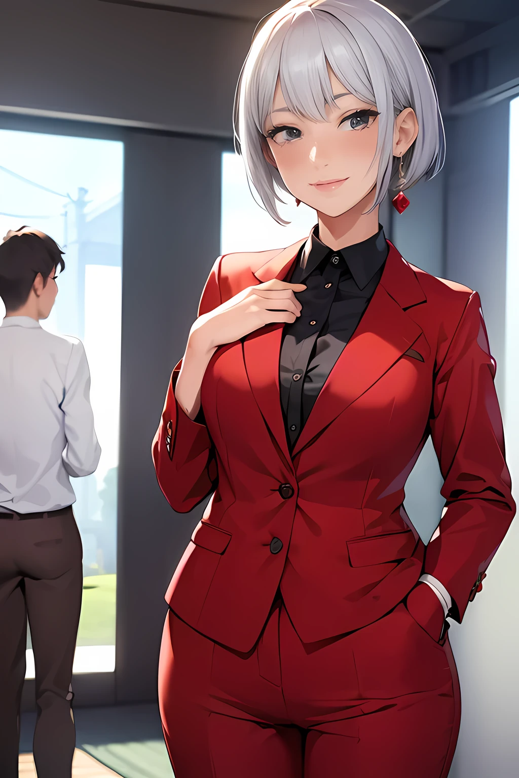 (masterpiece,best quality:1.4),(8k,raw photo,photo realistic:1.2),shiny skin,detailed skin,detailed face,detailed eyes,1girl,Japanese idol,beautiful face, short hair, Silver Hair,Beautiful waist-length twin tails, Beautiful girl, Tall Girl, Perfect body, whole body, A faint smile, Are standing, Wear formal clothes, formal red shirt, Red trousers, Red blazer, Wearing a blazer, Wear earrings, I'm wearing sunglasses,wearing a watch, Being in public, I'm in Tokyo City, Being on the street, Portrait Photography, HD quality, 8k, Beautiful images, HD Images, RAW Photos