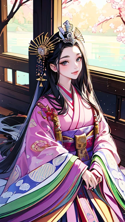 (Highest quality、 8k 、masterpiece、High resolution)、Heian period、A beautiful young woman from the nobility、、(Straight hair、Long, beautiful black hair),(Beautiful Face、Beautiful eyes、A neat nose、Pretty lips)、A friendly gaze、Faint smile、(Silver、gem、Ivory hairpin、Headdress)、(12 Single layer kimono、Mainly light pink Many colors Vibrant colors The beauty of layered colors),背景はHeian periodの建物、Official Art、Detailed CG、