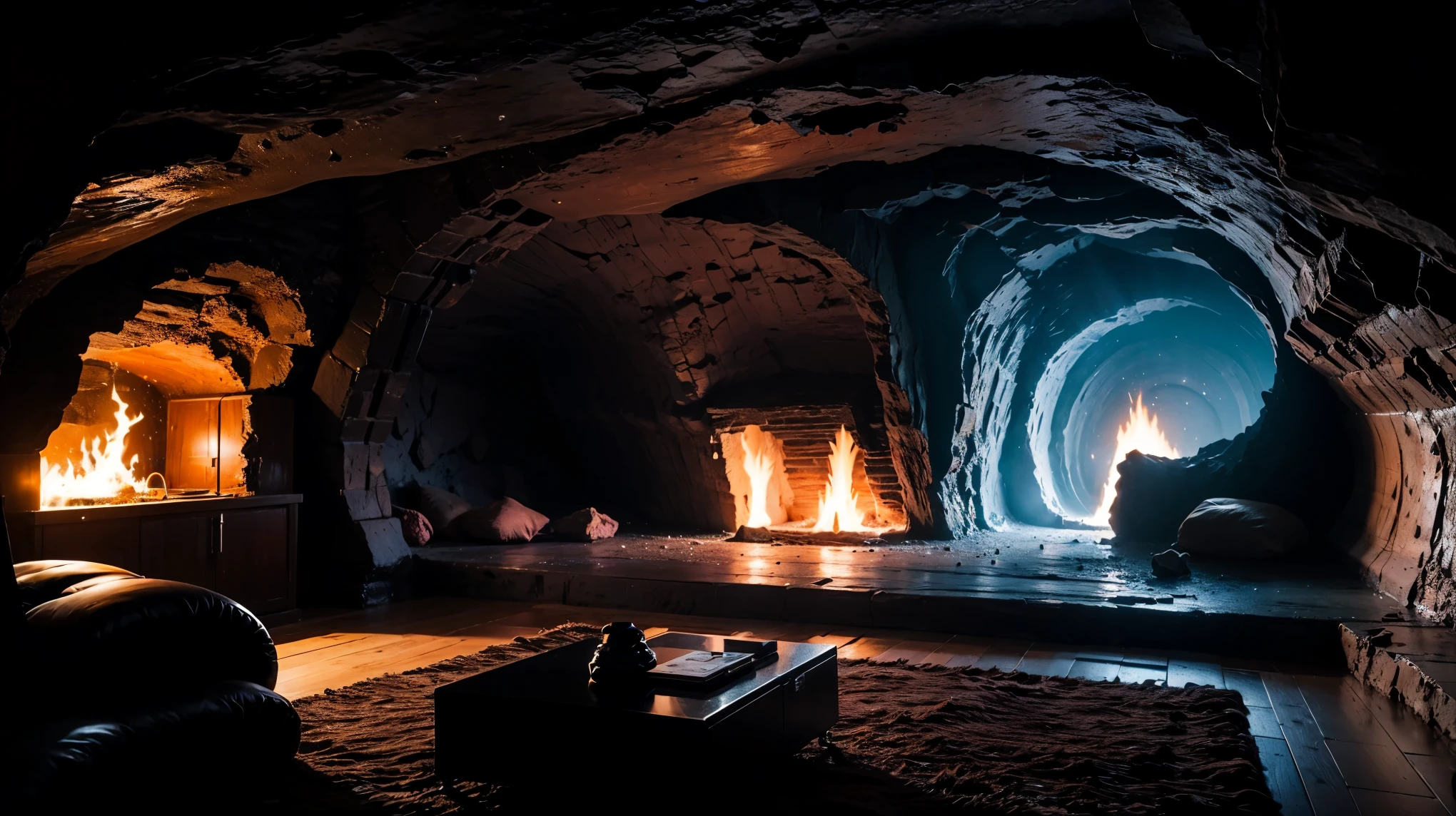 Interior view of the cave, Horizontal scene, Game sideboard scene, Retro cyber punk style, Steam Age, Parallel Viewpoint, cyber punk, Lava cave scenery, attention arousal, Retro