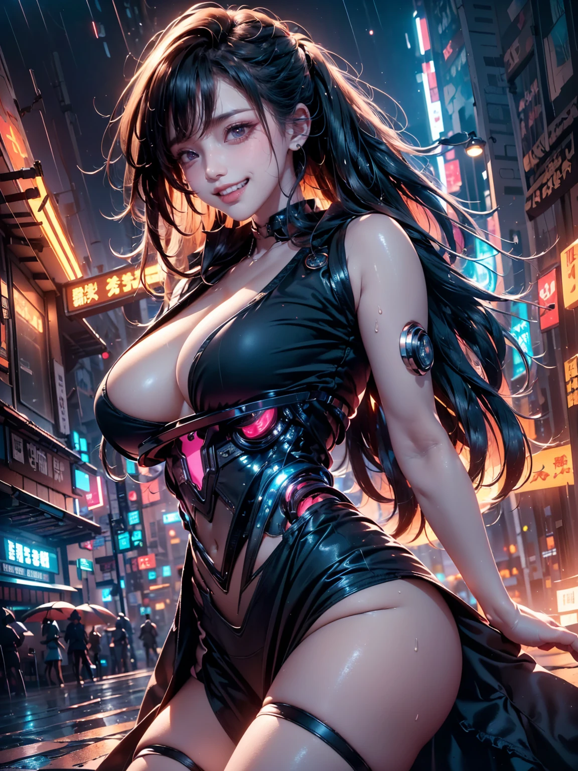 ((16K)),((masterpiece:1.3)), ((Highest quality)), ((Ultra-high resolution)), (Very detailed), (Realistic, photoRealistic:1.4), Perfect lighting,((Side light)), Written boundary depth, Surrealism,photo shoot, No makeup, Film Grain, chromatic aberration, Sharp focus, Face Light,((Beautiful detailsまでこだわった髪)),((Beautiful eyelashes)), Beautifully detailed face, Beautiful details, Beautiful clavicle, Beautiful body, Thin legs,Beautiful breasts, Pointed Chest,Beautiful legs, ((Detailed and carefully drawn hand)), Cleavage, Perfect Anatomy, Supermodel with a long neck,((Skinny1.3)),23 years old,Looking into the camera,(Perfect Anatomy,Anatomically correct, Very detailed肌), Glowing Skin,((beautiful girl:1.1)),(( large breasts :1.5))((Beautiful ponytail)),((Mid-length hair:1.4, Wavy Hair:1.2, Black Hair)),((See-through bangs:1.2)),Dainty facial structure,((Smiling happily and showing your teeth:1.4)),,((lying, on back:1.5)),(Glass cover reflects flickering light),((Cinematic camera angles)), (Don a futuristic ensemble with cyberpunk-inspired clothing,incorporating sleek lines and high-tech details)), A fierce battle scene set in a cyberpunk Tokyo. Skyscrapers line the background, with neon lights and holographic advertisements illuminating the scene. Characters are engaged in combat with futuristic weapons. Rain is pouring down, reflecting neon lights off the wet streets. The protagonist is a cybernetically enhanced warrior, fighting against a similarly advanced rebel fighter. The battle is intense, with energy weapons and swords clashing, and explosions occurring. The atmosphere is dark and colorful,((wide angle:1.7)),((from below)),