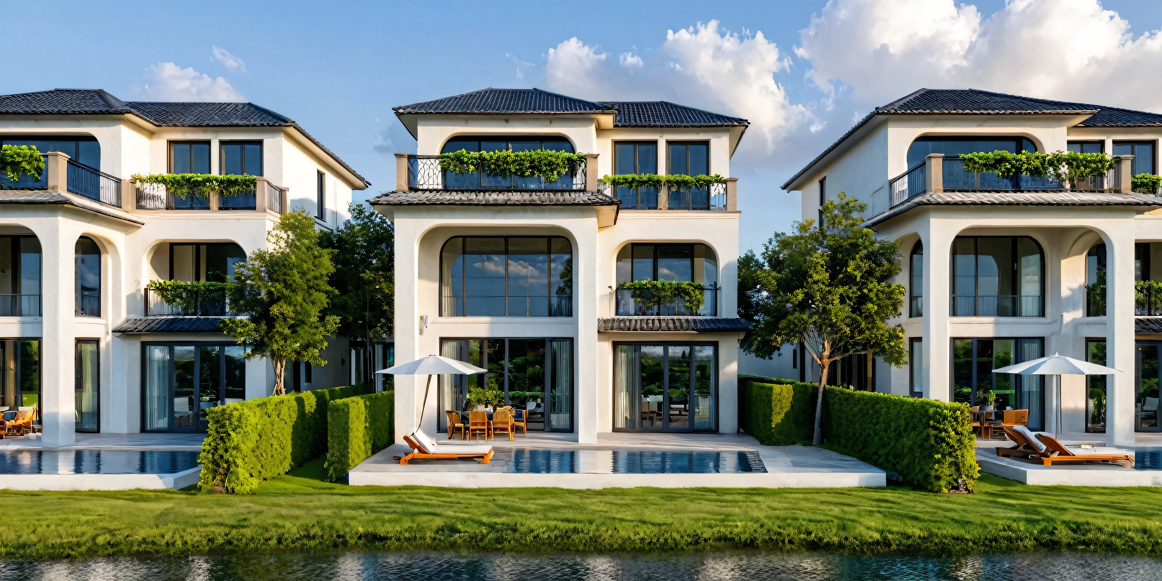 Masterpiece, high quality, best quality, authentic, super detail, outdoors, onestoreyvillaXL, aiaigroup, (River in front), house style modern belong the river ,stairs, white wall , grass, trees, sky, cloud, pool, (daylight:1.1)
