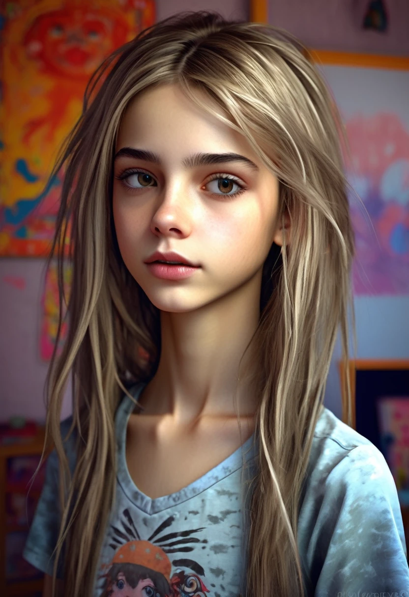 13 year old girl in her bedroom, with big toys ,skinny, slim, strange, Gentle, hair decoration , very detailed realistic texture, digital painting, very detailed photo