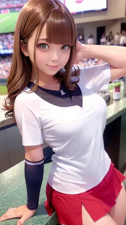 baseball Ground、(Baseball Uniforms、Baseball Costumes、Baseball Cosplay、Baseball outfit、Baseball Costume、Sexy college girl、Mini skirt with slit、White panties、Cleavage)、1 girl、Medium breast、Bob Hair、masterpiece:1.3、Raw photo、Highest quality、Highest quality、Detailed image quality、Detailed Background、In front of the bar counter、