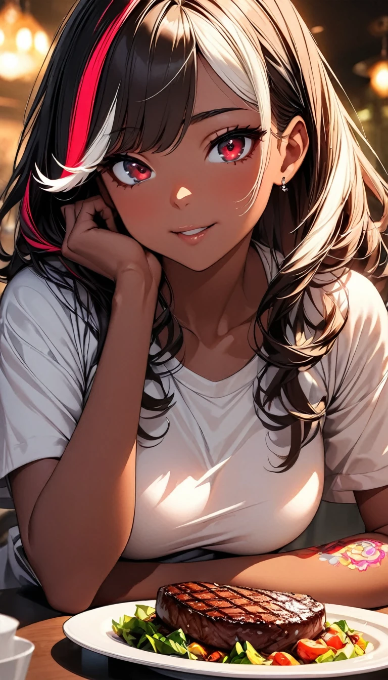 (highest quality:1.2, Very detailed, up to date, Vibrant, Ultra-high resolution, High Contrast, masterpiece:1.2, highest quality, Best aesthetics), Portraiture、girl、singer, solo, ((25-years-old:1)), Bright colors, Beautiful fine details、Beautiful lip detail、medium wave hair、red and white ((streaked hair:1.6)), highlights hair: 1.5, red eyes, slim body, medium breast, (tan skin:1.1), (Floral Fineline tattoo design on left arm:1), t-shirts, eating thick steak with knife and folk, siting in table, steak dinner, salad, steak house, (upper body),