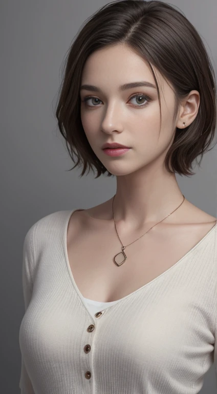 ,(((highest quality, 8k, masterpiece))), Sharp focus, (Beautiful woman with perfect body), thin, Cinema Lighting、perfection、Soft Light、High Resolution Skins:1.3、Realistic skin texture、30 year old woman、Small face、No makeup、short hair、Dark brown hair、Beautiful eyes in every detail、Bust B cup、Wearing a pendant、Slim figure、Gray background、