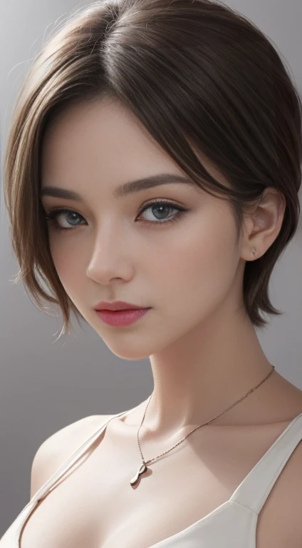 ,(((highest quality, 8k, masterpiece))), Sharp focus, (Beautiful woman with perfect body), thin, Cinema Lighting、perfection、Soft Light、High Resolution Skins:1.3、Realistic skin texture、30 year old mature woman、Small face、No makeup、short hair、Dark brown hair、Beautiful eyes in every detail、Bust B cup、Wearing a pendant、Slim figure、Gray background、
