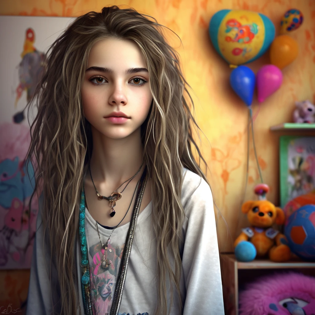 13 year old girl in her bedroom, with big toys ,skinny, slim, strange, Gentle, hair decoration , very detailed realistic texture, digital painting, very detailed photo