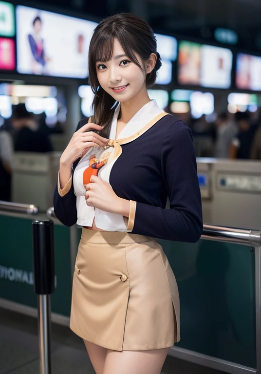 Very beautiful Japanese women、Age 25、Perfect beauty、Perfect Style、smile、detail、(((Stewardess))), (((mini skirt))), (hi-res: 1.1)), (((At the concourse of the international airport))), (((Hair style: chignon))), looking at the camera、Cowboy Shot、smile, Slim legs, Tightened ankle, Licking lips,((Perfect beauty)), ahegao, ((Milk is spilling out of the mouth)), Camel Toe,