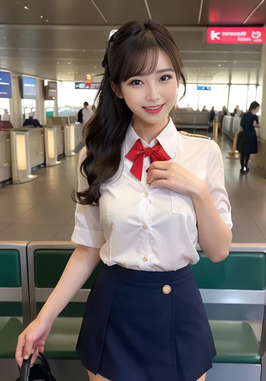 Very beautiful Japanese women、Age 25、Perfect beauty、Perfect Style、smile、detail、(((Stewardess))), (((mini skirt))), (hi-res: 1.1)), (((At the concourse of the international airport))), (((Hair style: chignon))), looking at the camera、Cowboy Shot、smile, Slim legs, Tightened ankle, Licking lips,((Perfect beauty)), ahegao, ((Milk is spilling out of the mouth)), Camel Toe,