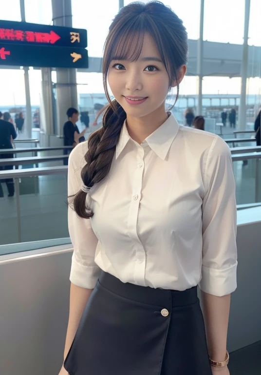 Very beautiful Japanese women、Age 25、Perfect beauty、Perfect Style、smile、detail、(((Stewardess))), (((mini skirt))), (hi-res: 1.1)), (((At the concourse of the international airport))), (((Hair style: chignon))), looking at the camera、Cowboy Shot、smile, Slim legs, Tightened ankle, Licking lips,((Perfect beauty)), ahegao, ((Milk is spilling out of the mouth)), Camel Toe,