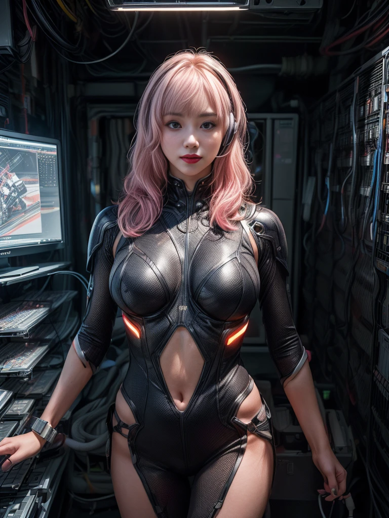 (((Differing views:1.5)))、(((Various poses:1.2)))、(((Different actions:1.5)))、((barcode))、(smile)、Mature Woman、masterpiece,highest quality,Very detailed、(((Big Breasts)))、((Art Movement:1.2))、bite、(Abdominal muscles)、((Light pink hair))、((Black Hair))、((Two-tone hair))、((Gradient Hair))、brightly colored suits、((((Unusual hairstyle)))), (((Trendy hairstyles)))、((Near future)),((sf)),Machinery Parts、((A white, ultra-tight plug suit with detailed decoration))、 Very beautiful woman、headset、(((Luminescence Electronics)))、Slender women、((cyber punk))、(((Digital Metaverse)))、((Dark virtual space))、((Neon color))、(Lots of monitors)、((Fluorescent lighting in server room))、((Lots of electronics))、(((Connect with code)))、(Detailed face)、Realistic Skin、((Delicate photo)),(Girl's Masterpiece、Photo details:1.25), (highest quality:1.6), (超A high resolution:1.5), (Realistic:1.75), 8K resolution, Canon EOS R5, 50mm, absurdes, Very detailed,Cinema Lighting,Browsing Caution:0.1、((Powered Suit))