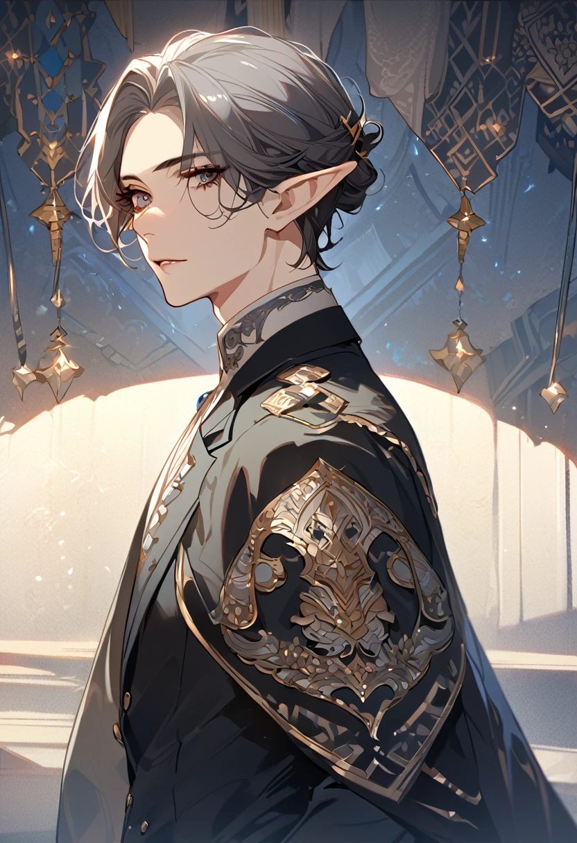 masterpiece, best quality, 8k ,4k , 1 male, elf, long ears elf, dark grayish hair, dark greenish eyes, hair ornament, finely detailed eyes and detailed face, looking at viewer, from side, meticulous clothes, formal clothes, combination of white and black coat, half cape by the shoulders, patterned clothes, majestic looks, sharp looks, shadows, inspired by Asukaziye artist : ask, art style : ask