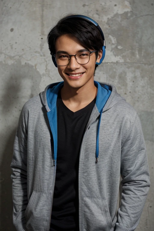 A boy with black hair and dark brown eyes,gray wall background, wearing glasses,Blue hoodie, headphones hanging around his neck, Asian, handsome,ivory skin.laughing, smiling, sixteen.