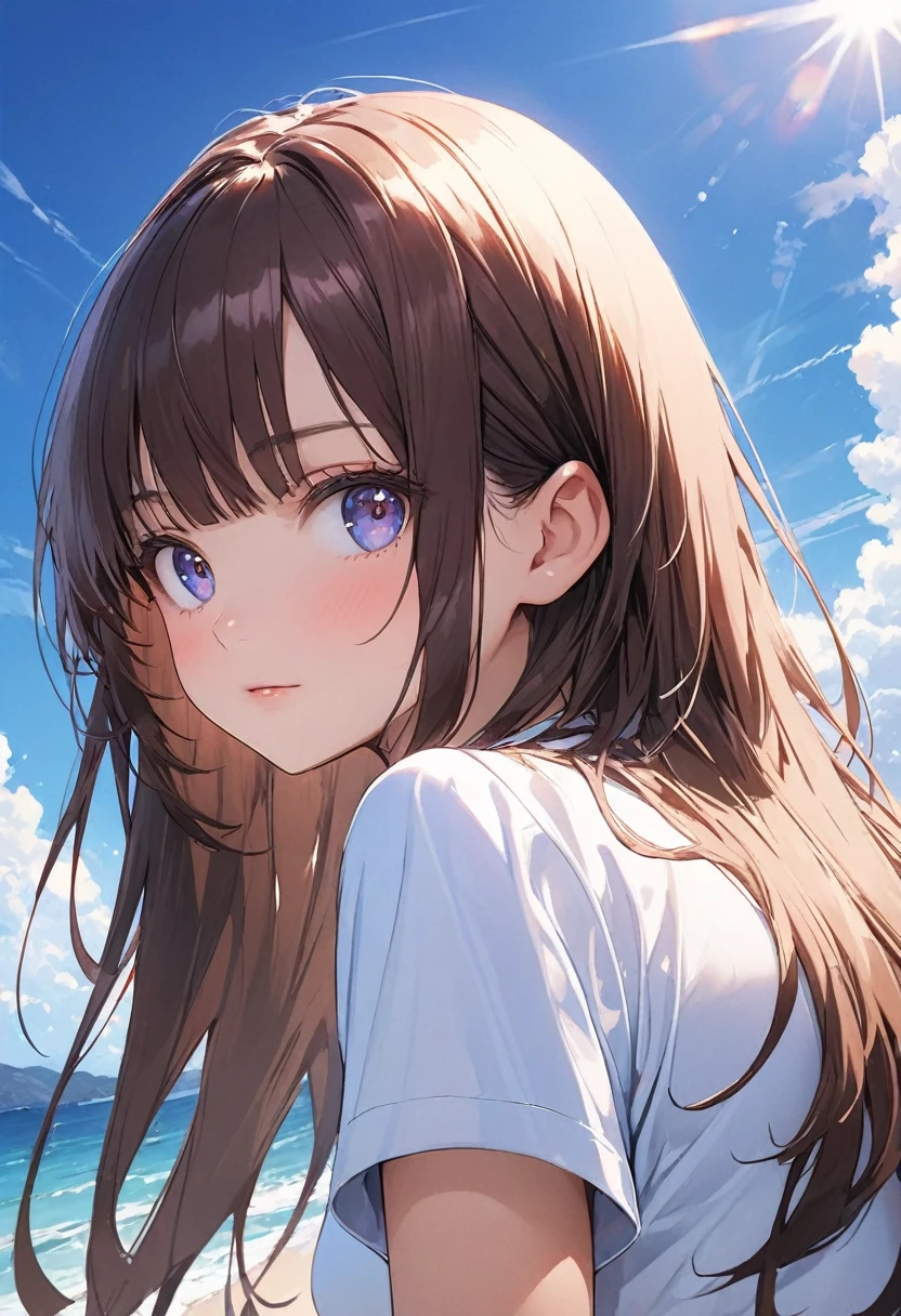 (best quality: 1.2, very detailed, high detail, Ultra-high resolution, latest, lively, masterpiece: 1.2, top quality, best aesthetic, perfect lighting, best shadow, high contrast, the best natural light), Anime artwork,
anatomically correct, perfect hands,
((attractive beautiful high school girl, 1 girl)),
(Japanese school girl uniform, Japanese sailor suit, short sleeves),
long straight hair, bangs, shiny dark brown hair,
(small face:1.2), long body, long limbs, white skin, slender body, toned body,
sparkling dark eyes, moist eyes, (finely detailed beautiful eyes: 1.3), gazing into the distance,
seductive face, adorable face,
summer, daytime, scenery, beautiful ocean and blue sky, natural light effects,
cowboy shot, (shot from below: 1.2),
deep depth of field,