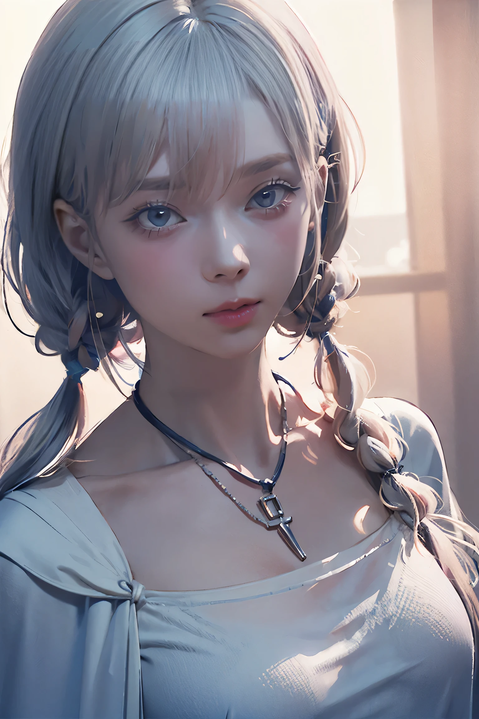 Close-up of a woman with tattoos on her , girl, Short white hair with bangs, Black strands of hair, Purple eyes, White T-shirt and white cape, Pendant around the neck. 超High resolution.Photorealistic. 超High resolution.Photorealistic:1.4,超High resolution. Realistic，High resolutionで, masterpiece, Highest quality, Very detailed, Better Shadows, Volumetric lighting), super high quality, High resolution, 8k, Ultra-Realistic Portraits , Photorealistic, Dynamic Lighting, Volumetric lighting, Very detailed顔,(:0.8)