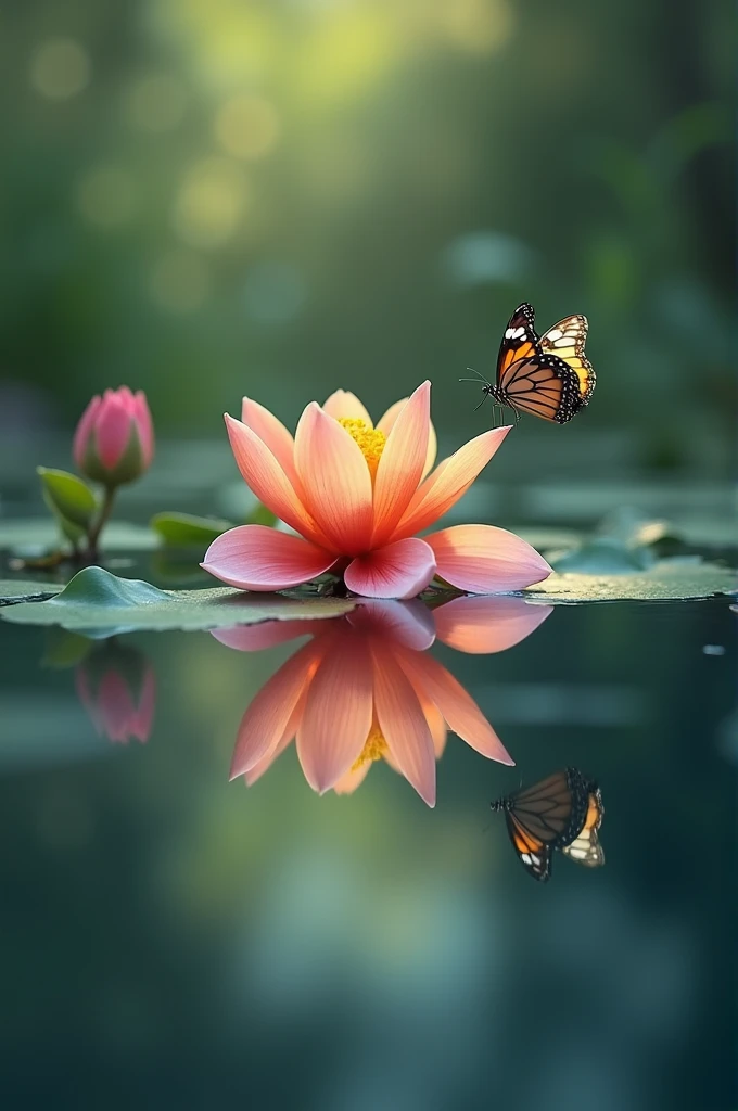 flower,Butterfly,Mirror,Reflection,water surface