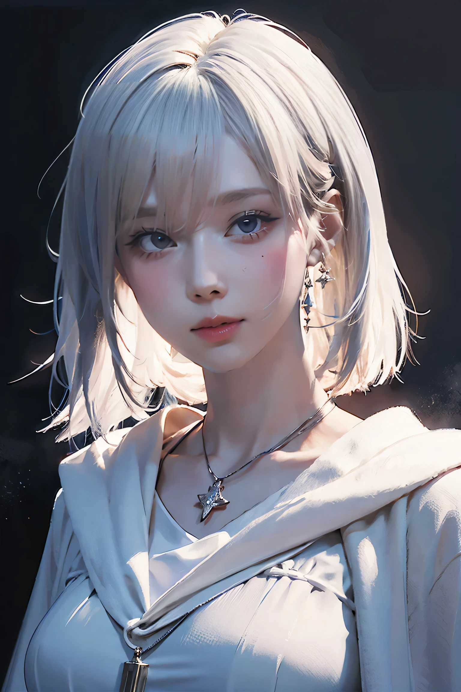 Close-up of a woman with tattoos on her chest, girl, Short white hair with bangs, Black strands of hair, Purple eyes, White T-shirt and white cape, Pendant around the neck. 超High resolution.Photorealistic. 超High resolution.Photorealistic:1.4,超High resolution. Realistic，High resolutionで, masterpiece, Highest quality, Very detailed, Better Shadows, Volumetric lighting), super high quality, High resolution, 8k, Ultra-Realistic Portraits , Photorealistic, Dynamic Lighting, Volumetric lighting, Very detailed顔