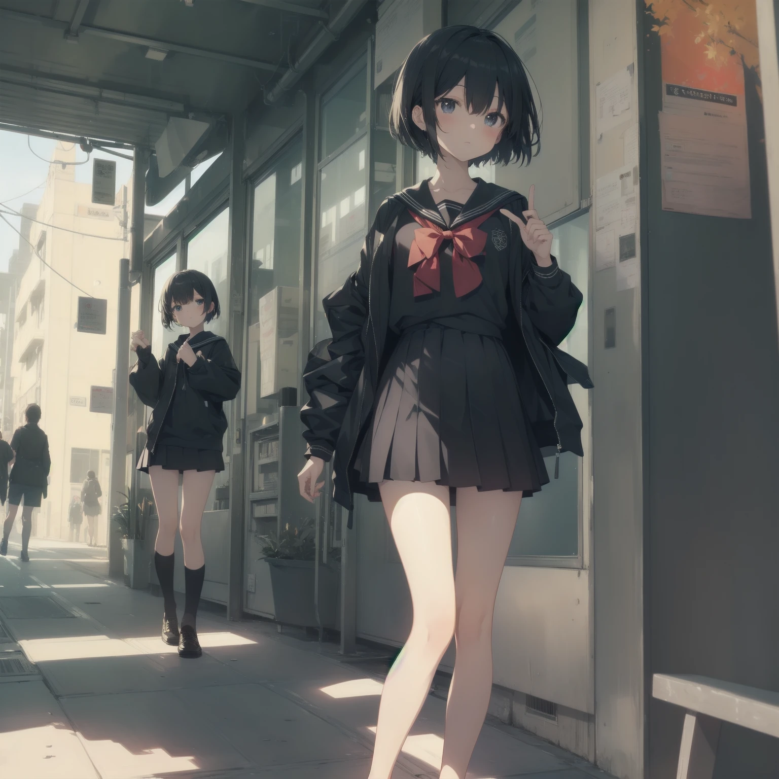 ultra-absurdres-Top quality by artist God, ultra-detailed, high resolution, anime moe artstyle, best anime 8k konachan wallpaper, pixiv contest winner, pool:2810, perfect anatomy,break, 1girl, (Please draw a girl walking sleepily to school alone. )break,(Solo,little female, 13-year-old:1.3),Full limbs, complete fingers,a junior high school student, (very short hair), short cut, flat chest, , small butt, small black eyes, beautiful detailed eyes, well-proportioned iris and pupils, expressive eyes, highres detailed hair, soft expression, salor school_uniform, sailor collar, serahuku, bow, pleated skirt,(Detailed Lighting), (Detailed background), in the School commute route. break,super detailed skin, Best cinematic lighting powered by famous artist, 8k,beauty illustration,photoshop_(medium),very aesthetic,break,((artist:yd_(orange_maru) )), artist:clamp ,artist:carnelian ,artist:kantoku ,

