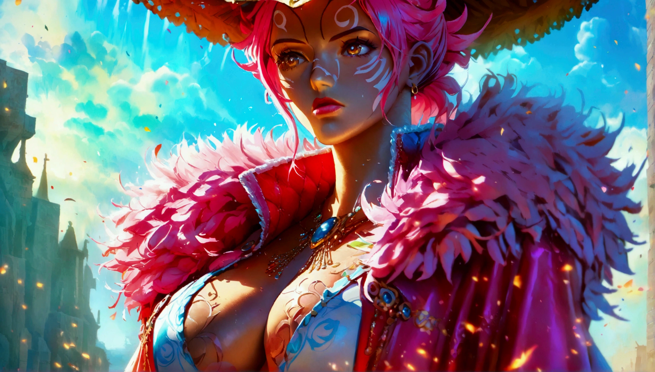 Large muscular woman, spiky pink hair, scarred body, luxurious oversized coat with high collar, bright daytime scenery, "One Piece-inspired anime character design, dramatic and impressive lighting, centered character, impressive face, full of creative details, ultra-fine 2D design, scenery bathed in creativity, boasting 2D anime resolution clarity, HD anime graphics, high-octane rendering"
