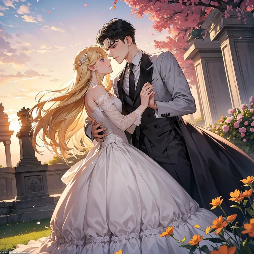 scene: A romantic moment at sunset in an elegant noble garden, surrounded by flowers and ancient statues.
Characters:
Chico: A nobleman with black hair and dark eyes, dressed in an elegant suit typical of nobility.
Girl: A noblewoman with long blonde hair and blue eyes, dressed in a delicate ballgown that flows with the wind.
action: The two are close to each other, sharing an intimate moment. The boy gently takes the girl's hand while looking tenderly into her eyes.. She smiles shyly, her blushing cheeks, as they look at each other in the soft evening light.
around: A noble garden with flowers in pastel tones, a golden sky at sunset, and a soft breeze that makes the girl's dress and the boy's hair flutter.