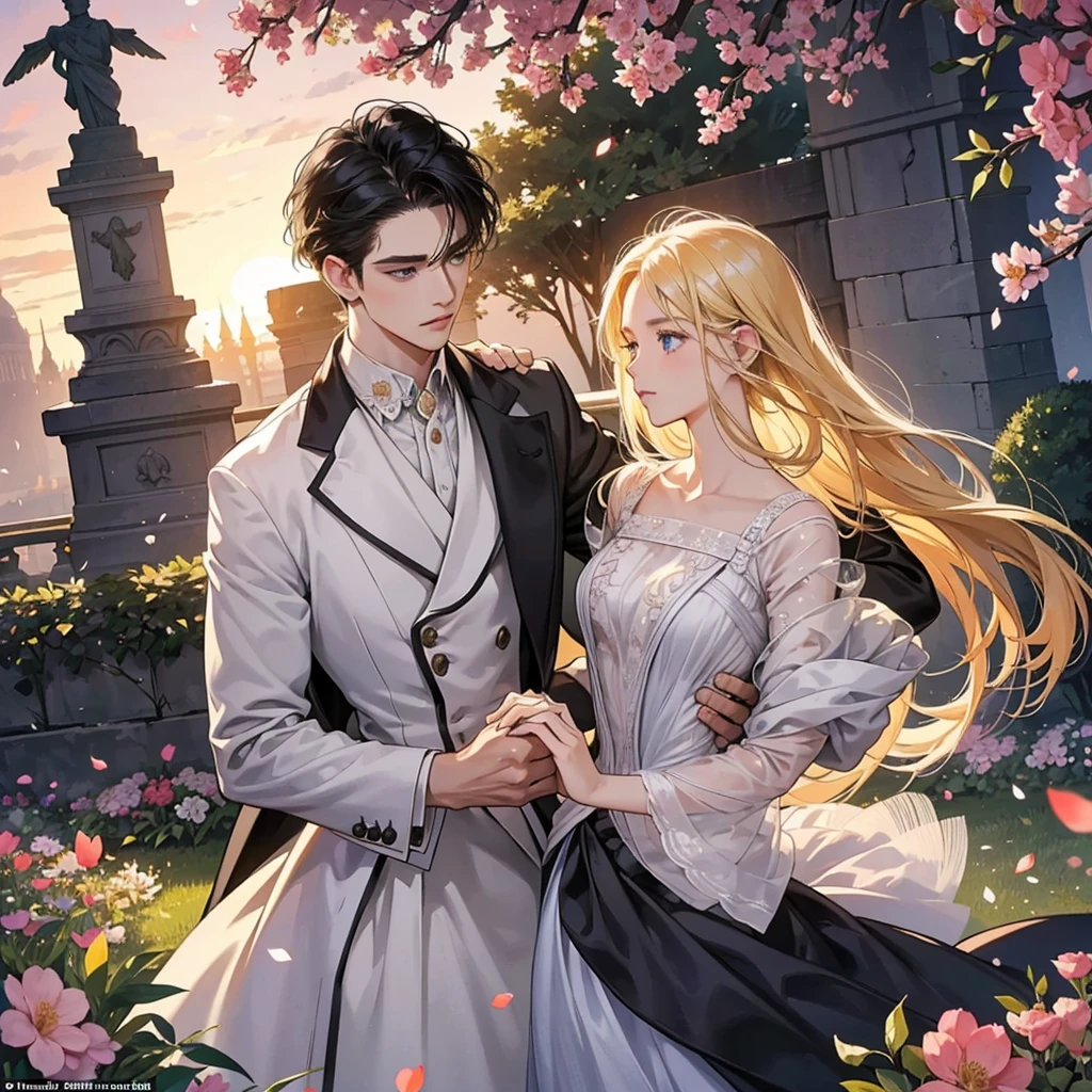 scene: A romantic moment at sunset in an elegant noble garden, surrounded by flowers and ancient statues.
Characters:
Chico: A nobleman with black hair and dark eyes, dressed in an elegant suit typical of nobility.
Girl: A noblewoman with long blonde hair and blue eyes, dressed in a delicate ballgown that flows with the wind.
action: The two are close to each other, sharing an intimate moment. The boy gently takes the girl's hand while looking tenderly into her eyes.. She smiles shyly, her blushing cheeks, as they look at each other in the soft evening light.
around: A noble garden with flowers in pastel tones, a golden sky at sunset, and a soft breeze that makes the girl's dress and the boy's hair flutter.