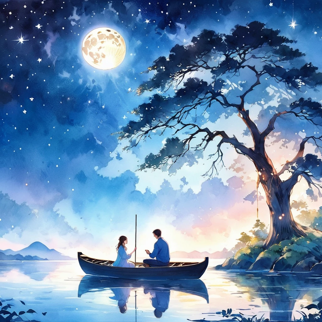 (best quality, high resolution, watercolor, Create a peaceful night scene,, An island of tranquility, Reflecting Lake. There should be a leafy tree on the island, Position slightly off center. The branches should be slightly bent, Some leaves gently fall, adding to the serene ambiance.under the tree, depict a Romantic moment between a couple. Men should kneel down, Take out a ring or small object, Like a marriage proposal. Women should stand before him, Lean forward slightly, May accept the offer. Their figures should be outlines, Contrast with bright background.The night sky should be clear,Full of twinkling stars. Large scale, A bright full moon will dominate the scene, positioned behind Couple and the tree, Casting Soft, A blue light hangs over everything. Moonlight should create long-lasting, Soft reflections of trees, Couple, And islands on the water.Right side of the island, Includes a small wooden rowing boat, Floating on calm waters. The boat should also have an outline, There is a slight reflection on the water.The overall color tone should be mainly dark blue and black, The moon brings soft, The ethereal light that illuminates the entire scene. The atmosphere should be calm, Romantic, A bit mysterious, Focus on the stillness and intimacy of the present moment