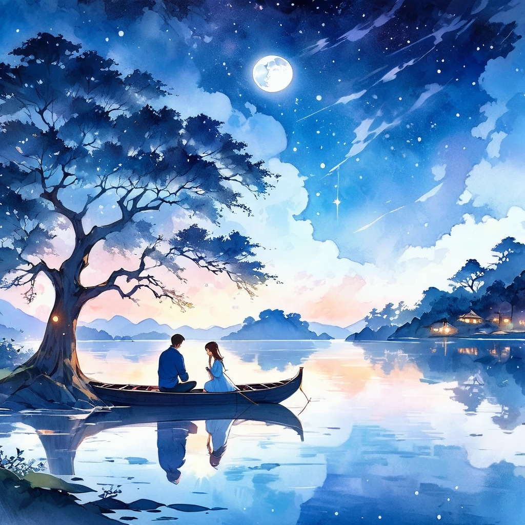 (best quality, high resolution, watercolor, Create a peaceful night scene，, An island of tranquility, Reflecting Lake. There should be a leafy tree on the island, Position slightly off center. The branches should be slightly bent, Some leaves gently fall, adding to the serene ambiance.under the tree, depict a Romantic moment between a couple. Men should kneel down, Take out a ring or small object, Like a marriage proposal. Women should stand before him, Lean forward slightly, May accept the offer. Their figures should be outlines, Contrast with bright background.The night sky should be clear，Full of twinkling stars. Large scale, A bright full moon will dominate the scene, positioned behind Couple and the tree, Casting Soft, A blue light hangs over everything. Moonlight should create long-lasting, Soft reflections of trees, Couple, And islands on the water.Right side of the island, Includes a small wooden rowing boat, Floating on calm waters. The boat should also have an outline, There is a slight reflection on the water.The overall color tone should be mainly dark blue and black, The moon brings soft, The ethereal light that illuminates the entire scene. The atmosphere should be calm, Romantic, A bit mysterious, Focus on the stillness and intimacy of the present moment