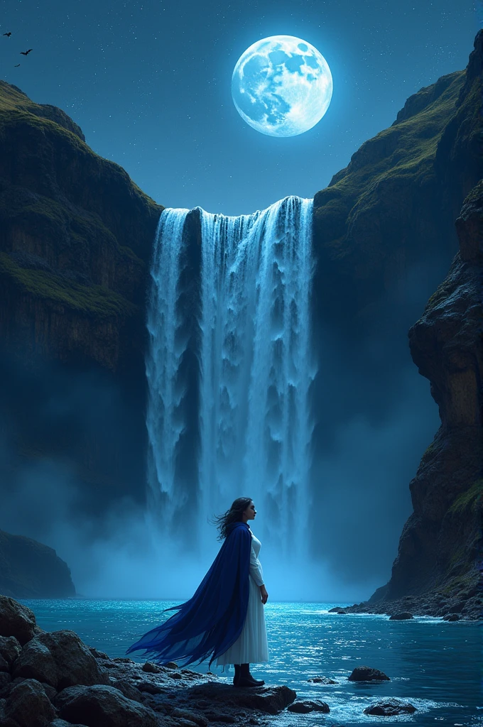 a facial portrait of an exquisite beautiful female vampire standing under the starry night sky at the base of the waterfall, dynamic angle (ultra detailed, Masterpiece, best quality), ultra feminine, (black skin: 1.3),  dynamic hair color, wavy hair, dynamic eyes color, cold eyes, glowing eyes, intense eyes, dark red lips, wearing white dress (ultra detailed, Masterpiece, best quality), wearing blue cloak (ultra detailed, Masterpiece, best quality), long cloak, flowing cloak (ultra detailed, Masterpiece, best quality), wearing high heeled boots,  water coming down from a mountain, multi level water falls, several pools created in different levels, forming new waterfalls, water cascading into a pool steam rising, clear water in many hues of blue and azure falling, ultra best realistic, best details, best quality, 16k, [ultra detailed], masterpiece, best quality, (extremely detailed), ultra wide shot, photorealism, depth of field, hyper realistic painting, sky full of stars background, moon, bats flying about, high details, best quality, 8k, [ultra detailed], masterpiece, best quality, (ultra detailed), full body, ultra wide shot, photorealism, dark fantasy art, dark fantasy art, gothic art, many stars, dark fantasy art, gothic art, sense of dread, Intense gaze, magical sky