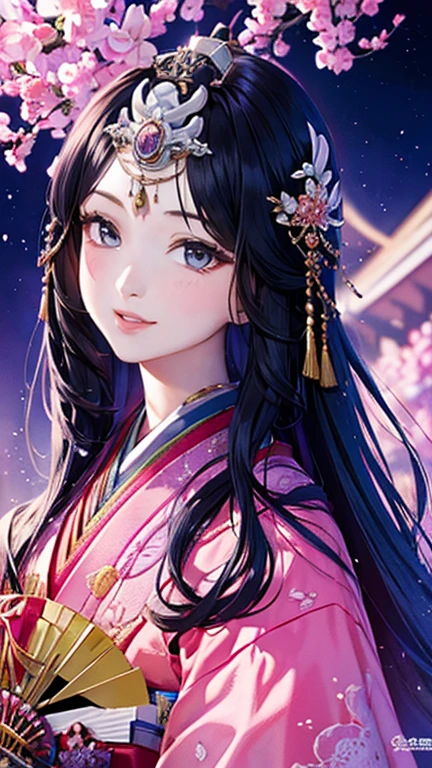 (Highest quality、 8k 、masterpiece、High resolution)、Heian period、A beautiful young woman from the nobility、、(Straight hair、Long, beautiful black hair),(Beautiful Face、Beautiful eyes、A neat nose、Pretty lips)、A friendly gaze、Faint smile、(Silver、gem、Ivory hairpin、Headdress)、(12 Single layer kimono、Mainly light pink Many colors Vibrant colors The beauty of layered colors),背景はHeian periodの建物、Official Art、Detailed CG、