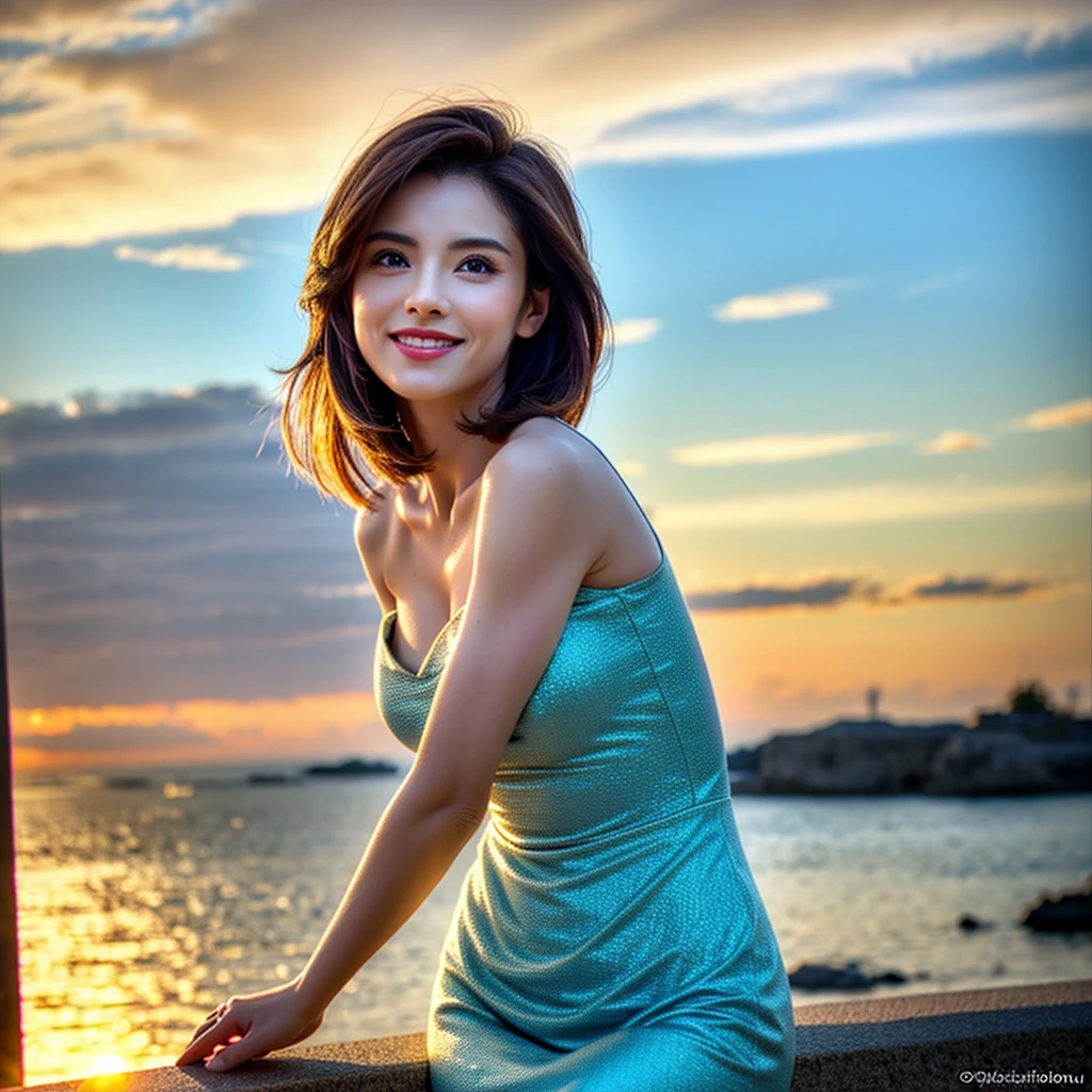 8k,Brown short hair,Japanese actress,Super Beauty(Like the real thing),Wine Party、wine glass、full-course dinner,Neat and clean dresses,Cocktail Dresses、Big smile,Amazing view of the sunset sky and clouds、,Perfect Anatomy,charm,Volume measurement,Body balance,Digital single-lens reflex camera, Soft lighting, Detailed Background, Written boundary depth, Volumetric lighting, Sharp focus, Absurd, Realistic proportions, Excellent anatomy, (Realistic, 超Realistic:1.4), 16k hdr, dawn,High resolution,super Realistic 肌,super beautiful expression,Fantasy art,Character Art,Wind effects:1.9、Cloud Effect:1.2、Full Rendering、プロ品質のHigh resolution、Perfect contrast、Perfect lighting、Perfect composition、Perfect Skin、Perfect Fingers、Perfect breasts、Perfect Hair、Perfect Face、Realistic facial features,Highest quality,Slim figure,Perfect body line,Perfect hand shape,Anatomical Body Balance,Highly detailed face,Highly detailed eyes,Beautiful Lips,Excellent light particles,Cinema Lighting,compensate,超High resolution,Ultra-Realistic Skin,Dynamic pose,blue eyes,