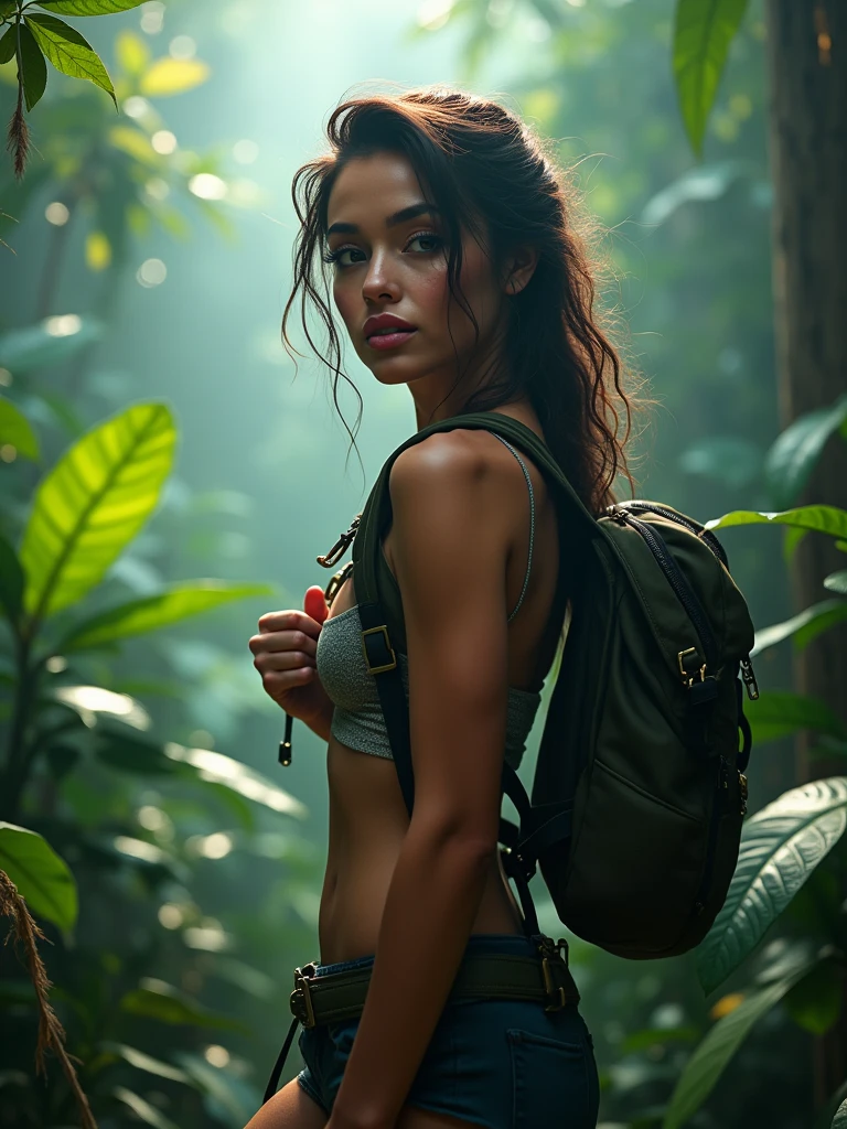 a naked woman with a backpack walking through a lush, dense rainforest, beautiful detailed eyes, beautiful detailed lips, extremely detailed face and eyes, long eyelashes, adventurous expression, detailed clothing, realistic lighting, volumetric fog, dramatic moody lighting, vibrant colors, stunning 4k, highly detailed, photorealistic, masterpiece, breast visible, ass visible