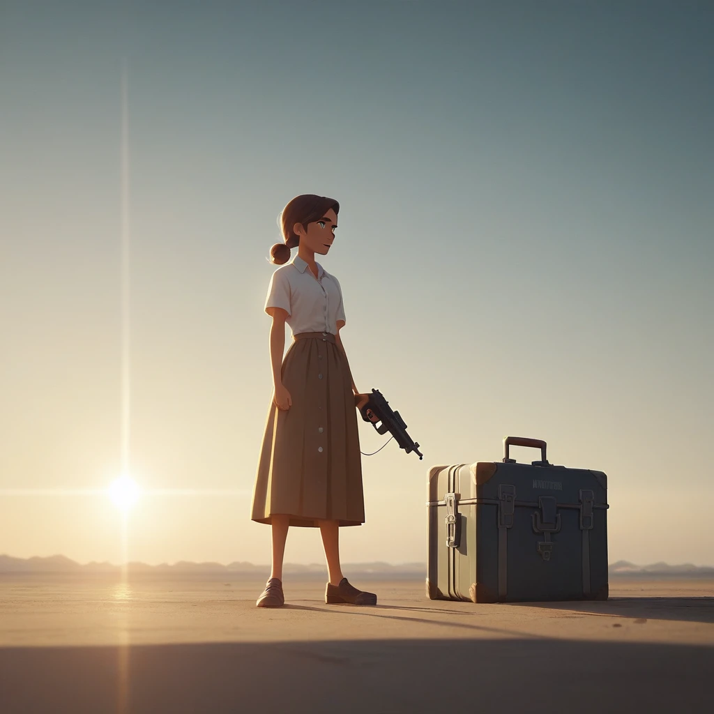 Modern Airport, See Airplanes, It's a nice atmosphere, Adult female, Trunk Case ,Perfect Face, Melancholic expression, (Backlight: 1.1), A scene from a movie, Soft Shadows, masterpiece, Highest quality, Complex, Model shooting style, Vintage, Film Grain, 