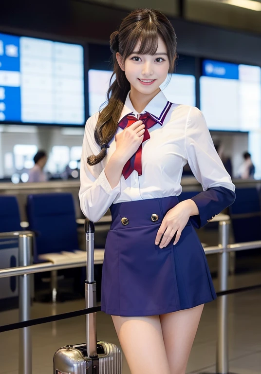 Very beautiful Japanese women、Age 25、Perfect beauty、Perfect Style、smile、detail、(((stewardess costume))), (((mini skirt))), (hi-res: 1.1)), (((At the concourse of the international airport))), (((Hair style: chignon))), looking at the camera、Cowboy Shot、