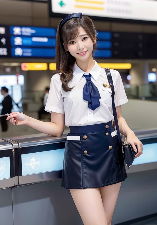 Very beautiful Japanese women、Age 25、Perfect beauty、Perfect Style、smile、detail、(((stewardess costume))), (((mini skirt))), (hi-res: 1.1)), (((At the concourse of the international airport))), (((Hair style: chignon))), looking at the camera、Cowboy Shot、